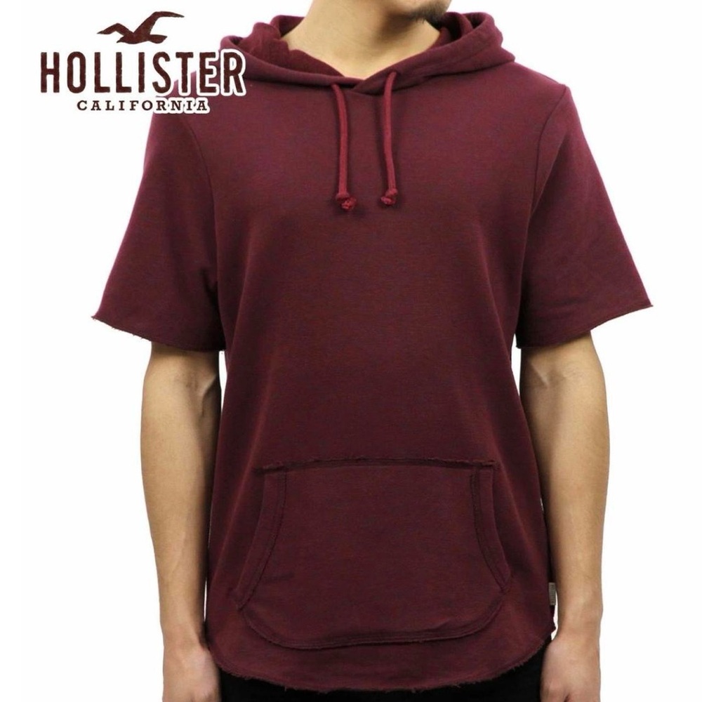 Hollister Maroon Red Short Sleeve Pullover Hoodie Raw Hem Men's Size Medium
